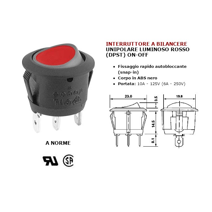 Interruttore elettrico a bilanciere unipolare luminoso rosso on off