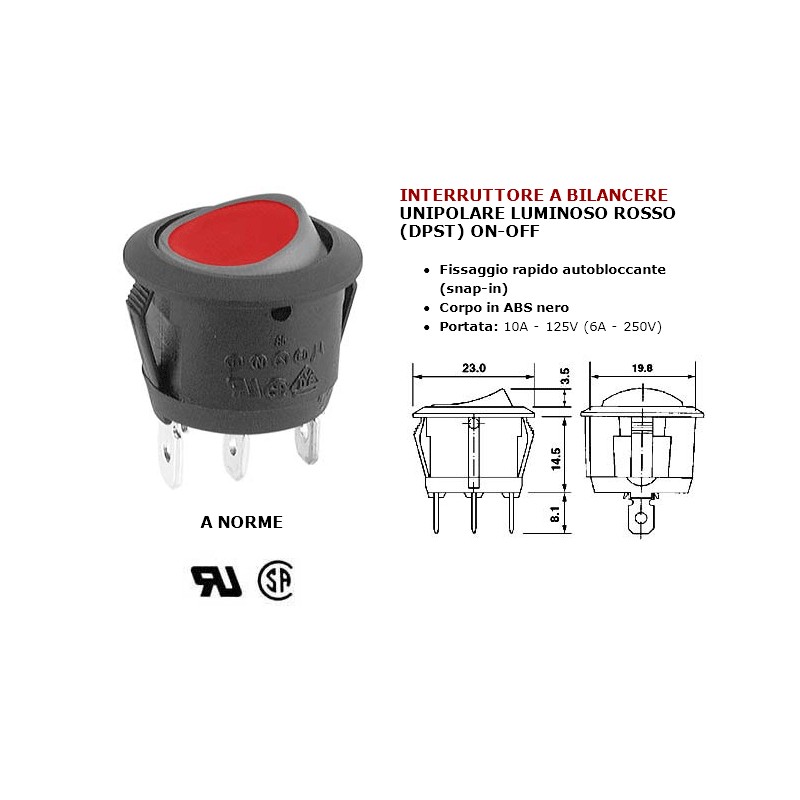 Interruttore elettrico a bilanciere unipolare luminoso rosso on off