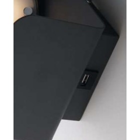 Wall lamp with integrated LED adjustable head and 2A USB input in white or black embossed metal.