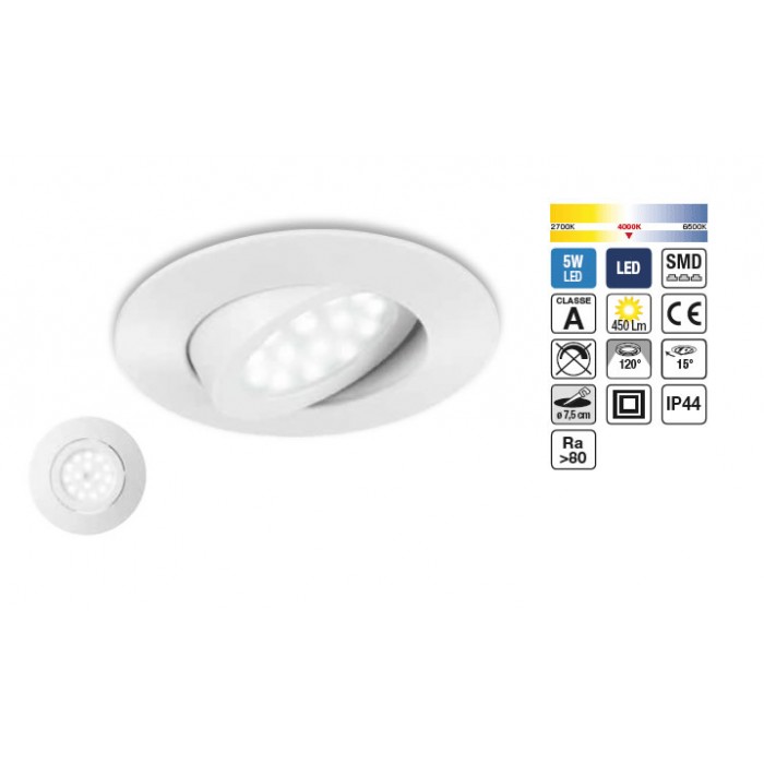 Faretto incasso a led 5w bianco 450lm 230v ip44 orientabile