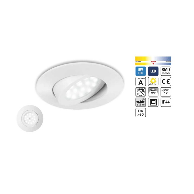 Faretto incasso a led 5w bianco 450lm 230v ip44...