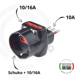 Schwarzer bivalenter Schuko-Adapter mit kleinem 10-A-Stecker und 2 bivalenten 10/16-A-Buchsen