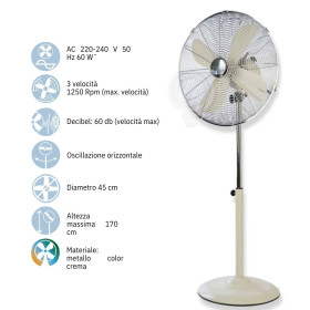 Ventilateur sur pied en métal D.45 CREME 4 pales 3 vitesses