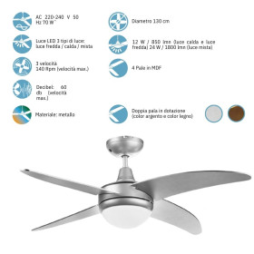 Ventilateur de plafond avec lumière led 3 couleurs d130cm 3 vitesses