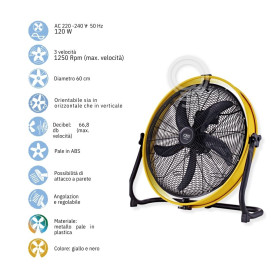 Ventilatore da terra professionale yellow d.60 120w 3 veolcità