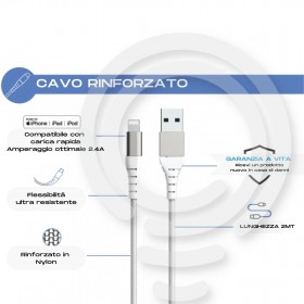 Câble USB A/Lightning robuste 2 m 2,4 A White Force Power Lite Garantie à vie