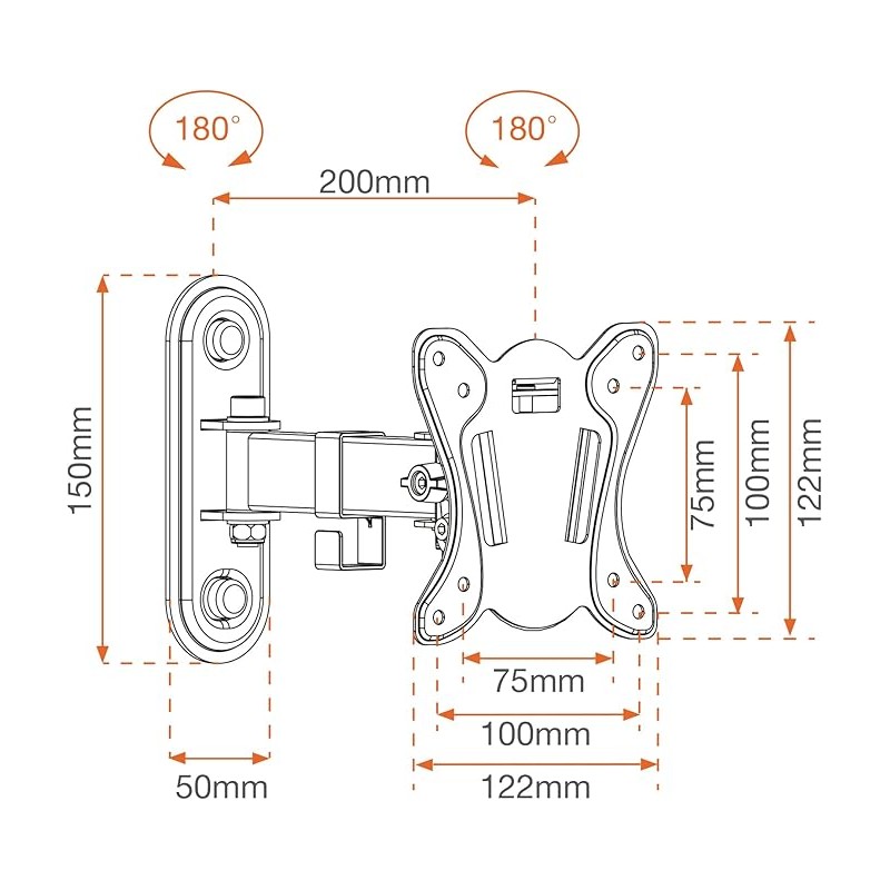 Supporto tv 180° estensione 6,5cm a 20 cm 13-28" vesa 100x100 max 20kg  