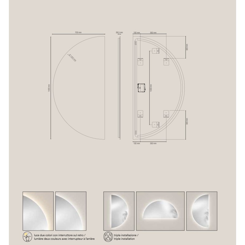 Specchio DEMI 70 × 140 cm a semicerchio con LED CCT a 2 temperature di colore