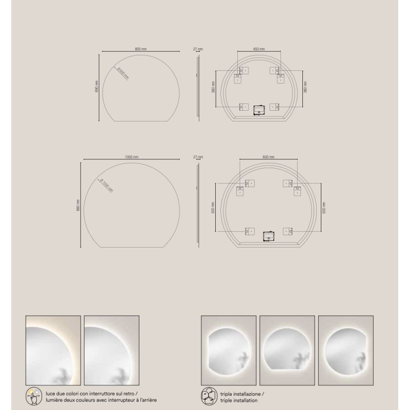Specchio ALBA 100 × 69 cm con illuminazione LED CCT a 2 temperature e triplo fissaggio