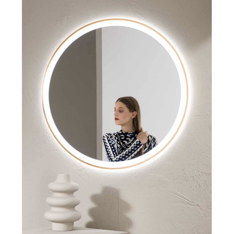 Specchio ORONERO Tondo Ø80 cm con Illuminazione LED CCT, Touch e Pellicola Antideflagrante Oro