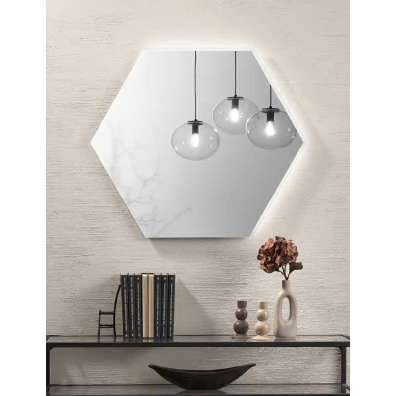 Specchio EXA Esagonale 60 cm con Illuminazione LED, Bordo Satinato CCT 2 Temperature e Pellicola Ant
