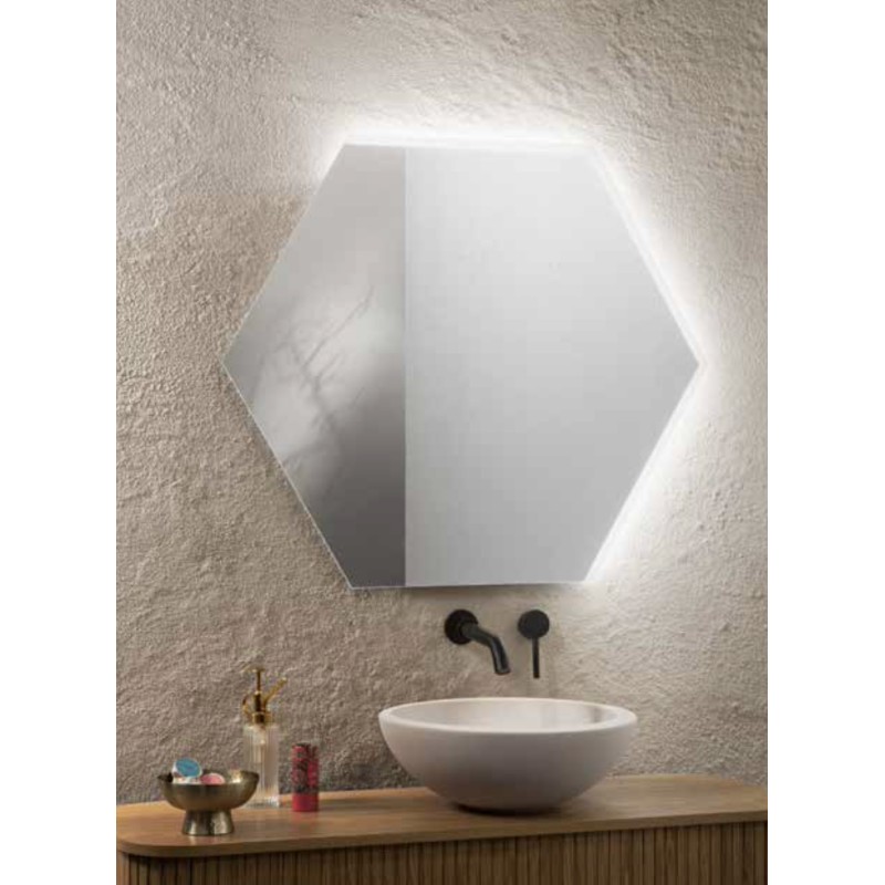 Specchio EXA Esagonale 60 cm con Illuminazione LED, Bordo Satinato CCT 2 Temperature e Pellicola Ant