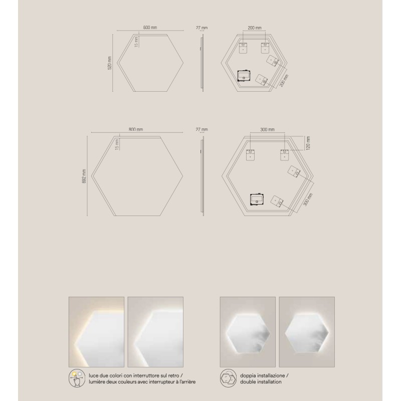 Specchio EXA Esagonale 60 cm con Illuminazione LED, Bordo Satinato CCT 2 Temperature e Pellicola Ant