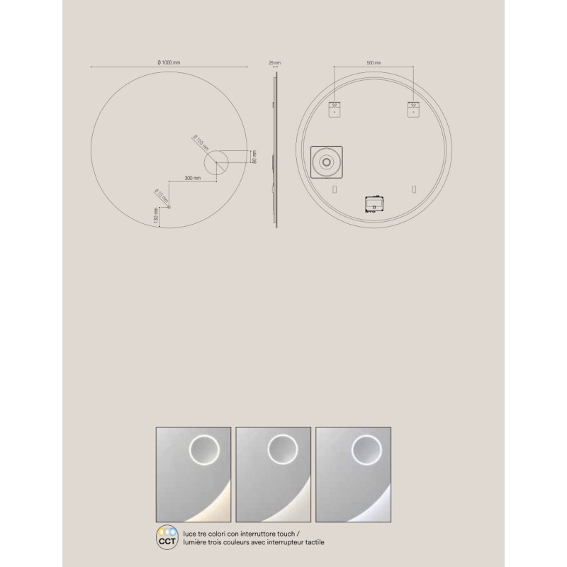 Specchio FOCUS Ø 100 cm tondo con lente dingrandimento 3x, LED CCT a 3 temperature e touch dimming