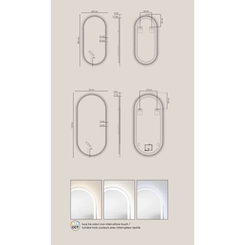 Specchio QUEEN 50 × 100 cm ovale con illuminazione LED CCT a 3 temperature e touch