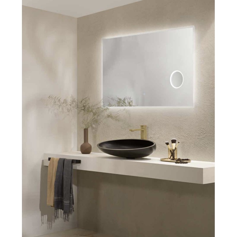 Specchio ZOOM 120 × 70 cm rettangolare con angoli smussati, lente 3X, LED CCT a 3 temperature e touc