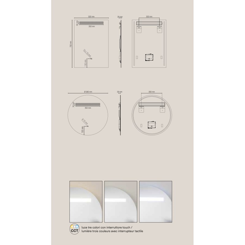 Specchio LINEA 50 × 70 cm rettangolare con LED CCT a 3 temperature e touch dimming
