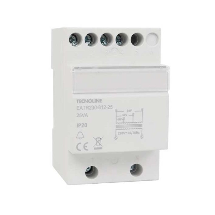 Trasformatore elettrico attacco din 3 moduli 25va 8-12-24v 